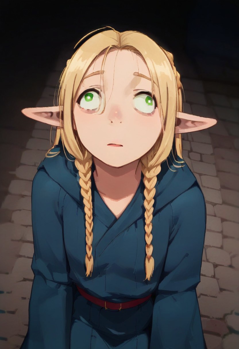 Expressiveh, score_9, score_8_up, score_7_up, score_6_up, score_5_up, score_4_up, godrays, 1girl, from above, Marcilledonato, blonde hair, green eyes, white pupils,Twin braids, wa11_3y3s, wall-eyed, elf, blue robe, sitting