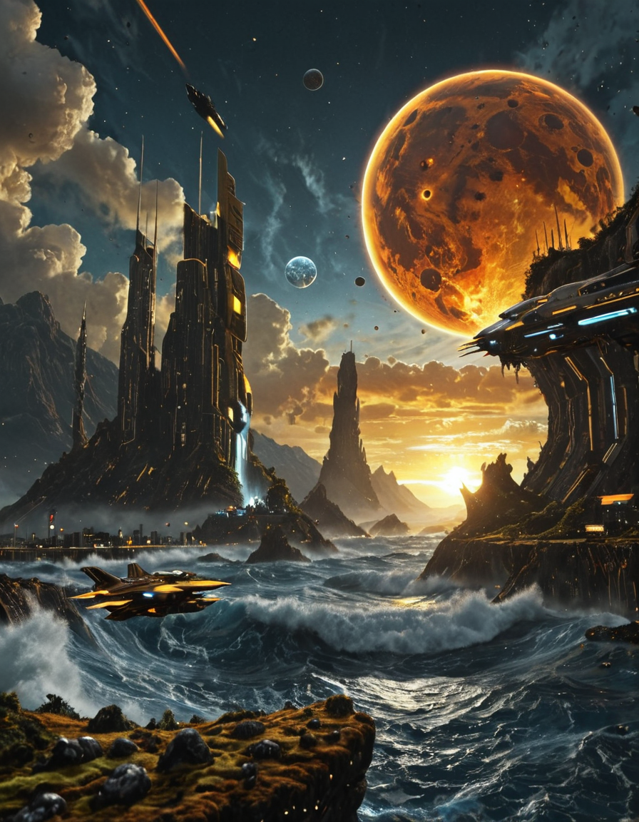 <lora:SW01v1-5xl:1> sw01p_illus, EFFD02, imagination, epic world, halos of light in the darkness of space, sunset, SE12, rich detailed sky, clouds, T10, landscape, mountains, high waves, rocks, tree, vegetation, moss, rough sea, blue, T1, white, dark blue, fantasy, blue, gold, T3, marble, T7, orange, yellow, bokeh, T4, brown, spacecraft, cyberpunk city,