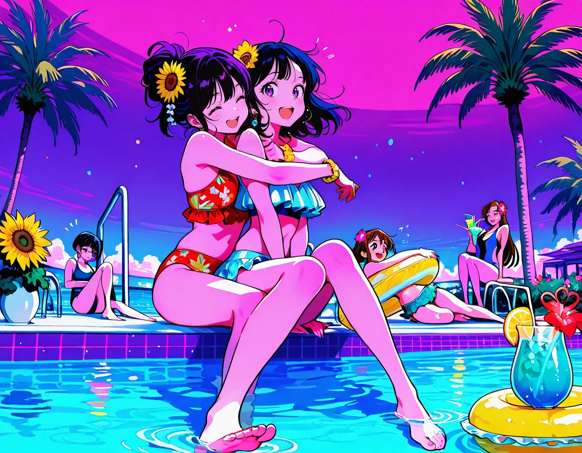 score_7_up, anime BREAK official art,
<lora:pop_art_style:1>, pop art style,
multiple girls, flower, swimsuit, palm tree, tree, 5girls, hair flower, pink sky, sunflower, open mouth, barefoot, closed eyes, drinking straw, water, outdoors, smile, pool, cup, 4girls, purple sky, yellow flower, hug from behind,
(masterpiece:1.3), best quality, high resolution, unity 8k wallpaper, extremely detailed CG, 8K, perfect anatomy, highly finished, masterpiece, best quality, high quality, amazing quality, great quality, very aesthetic, ultra detailed, highres, absurdres, highly detailed, highly detailed background,