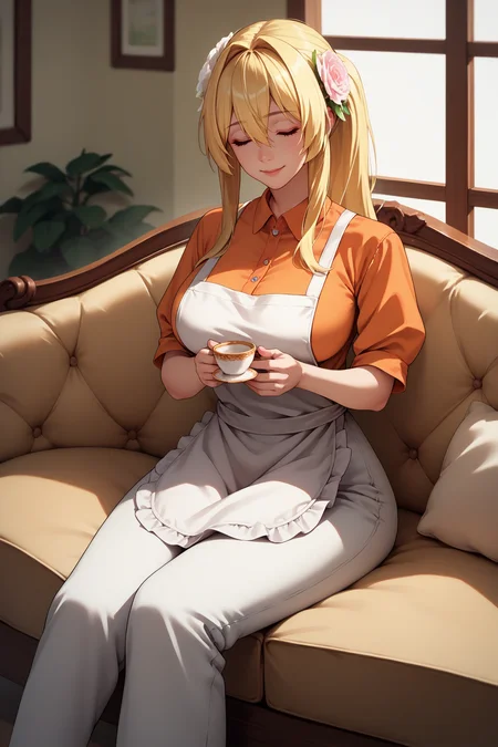 score_9, score_8_up, score_7_up, score_6_up, source_anime, 1girl, solo, <lora:elishaelfrieden-pdxl-nvwls-v1-000004:1> erisha, blonde hair, ponytail, hair intakes, hair between eyes, long hair, hair ornament, hair flower, orange shirt, white apron, white pants, wide hips, large breasts, sitting, couch, looking at you, holding teacup, closed eyes, happy