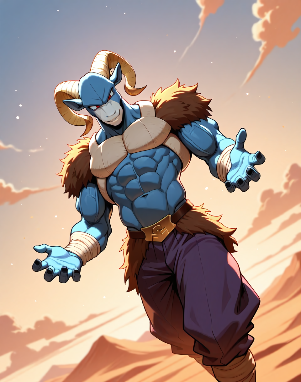 <lora:Moro_3rd_Form_(Dragonball_Z)_(Illustrious)_(AD):1.3> Moro, muscular, goat, 
((
dutch angle, exterior, desert, sky with detailed clouds, 
male focus, gradient coloring, solo, cowboy shot, bent leg, perfect proportions, hyper muscular, veiny muscles, goat head, blue body, sexy, large shoulders, large biceps, large thighs, abs, soft shading, evil smirk, 
)), 
BREAK very awe, aesthetically pleasing, masterpiece, best quality, amazing quality, very aesthetic, perfect depth of field shot, in'ei, furry_art, source_furry, source_anime, 
EZRealPONYXL, zPDXL, Smooth Quality, lazympos, IllustQualXL_Pos,