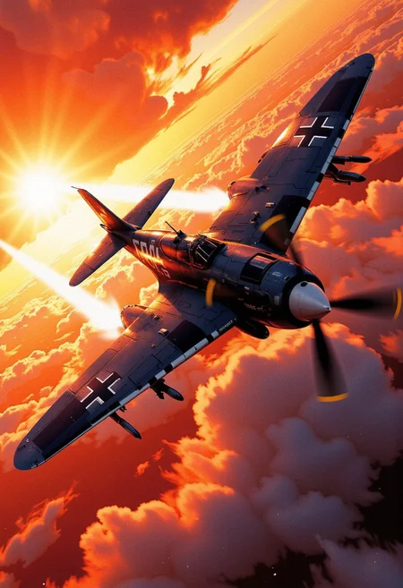 "In the style of CK-MGS, a stunning digital artwork captures a futuristic, highly advanced stealth fighter soaring rapidly through a surreal, dramatic dawn sky. The sky is alive with swirling, dramatic clouds, painted in fiery orange and deep shadows, adding depth and intensity to the composition. The scene evokes both modern innovation and heroic action, blending hyper-detailed 2D illustrator techniques with epic, cinematic flair. Vivid vibrant color, dark mimic illustrator art.
WWII wingspan Fighter Focke-Wulf Fw 190 Würger in Action. The fuselage, forged from dark gunmetal alloy, reflects subtle gradients of the red horizon, while glowing LED lights illuminate the cockpit’s sleek, angular design. A large propeller wingspan the front, emphasizing the fighter’s power and aerodynamic precision. The Iron Cross Emblem decorated on the body.
Echoing the dynamic energy of the Focke-Wulf Fw 190 Würger ("shrike") in action, the artwork masterfully combines ultra-realistic details, rich textures, and atmospheric realism. The result is a masterpiece-worthy, high-quality wallpaper, exuding both power and artistry."