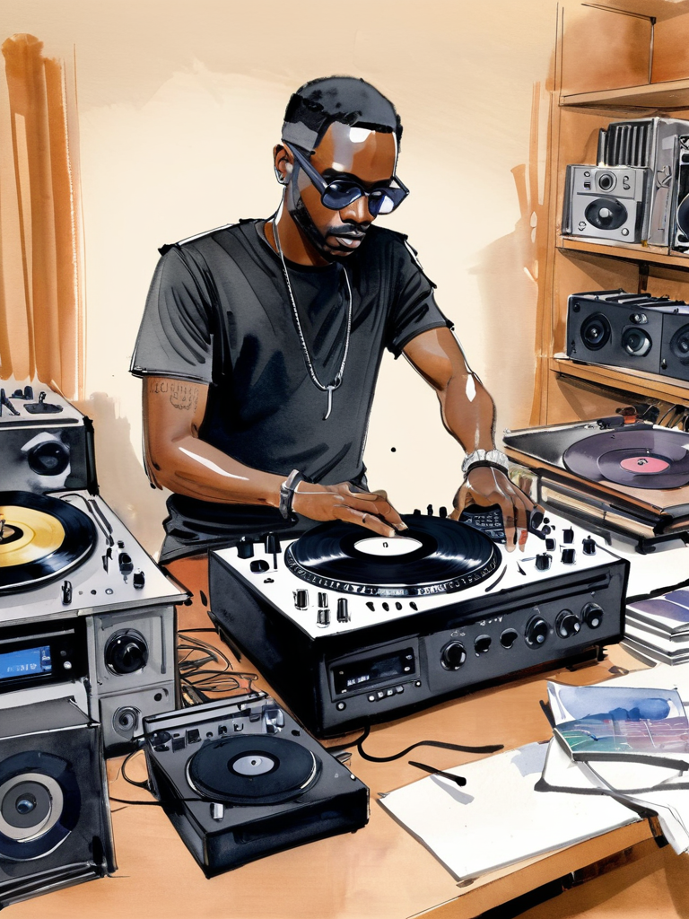watercolor lineart sketch by Kagan-McLeod, A black DJ in his studio, vinyl is scattered everywhere,  <lora:Kagan-McLeod:0.8>