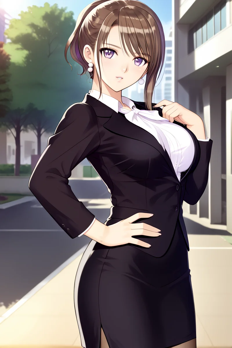 matsumiya_kiriko, 1girl, pantyhose, skirt, solo, brown hair, purple eyes, fitted skirt, outdoors, formal, suit, looking at viewer, black skirt, shirt, jacket, white shirt, office lady, outfit1 outfit2 earrings, <lora:matsumiya_kiriko_v2:0.7> pearl earrings, earrings behind sidelock, high leg, (realisticphoto), cowboy shot, one hand, on hips, cheerful, knee, side view, <lora:Add_more_details_pony:0.3> <lora:HandFixer_pdxl_Incrs_v1:1> curvy body, tony taka,