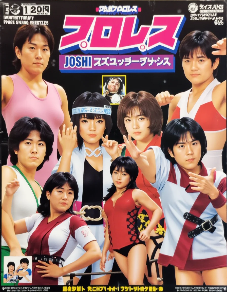 a 3D Japanese joshi (women's) professional wrestling poster from the 1980s with big pink Japanese characters at the center representing "JOSHI" and "PURORESU" (absolutely no other writing), surrounded by 6 wrestlers.