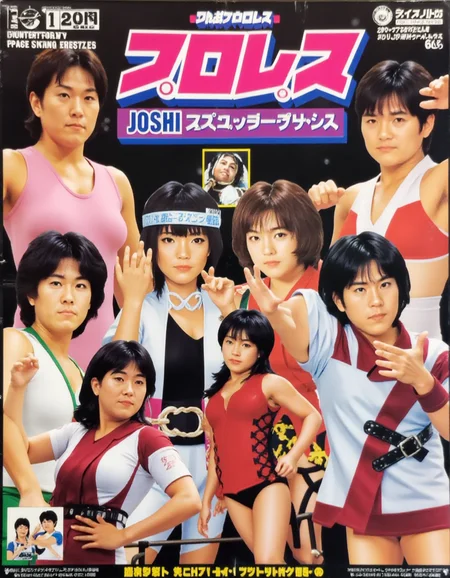 a 3D Japanese joshi (women's) professional wrestling poster from the 1980s with big pink Japanese characters at the center representing "JOSHI" and "PURORESU" (absolutely no other writing), surrounded by 6 wrestlers.