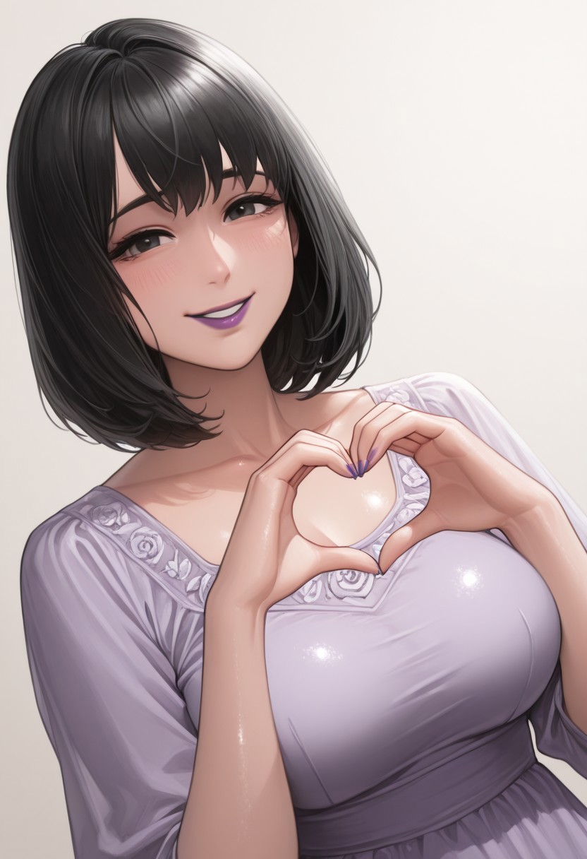 , 1girl, solo, medium build, medium hair, sfw, safe for work, covered skin, flowy dress,  black eyes, purple lipgloss, smiling, portrait, upper body, heart hands, mature female, foreshortening, detailed, newest, shiny skin, cowboy angle, solo focus, medium breasts, suou