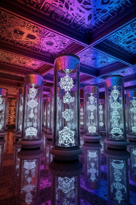 A 3D Rendered abstract of, Intricate three-dimensional abstract sculptures emerge from transparent glass containers filled with glowing liquid nitrogen, each vessel containing a unique geometric form suspended in mid-air. The shapes are made of crystalline material with intricate facets reflecting light into prismatic rainbows that cascade outward. As the droplets melt away, they leave behind trails of iridescent colors tracing elaborate patterns on the surrounding surfaces. The glass containers are adorned with microscopic etchings forming interlocking circuits and fractal patterns. Surrounding structures reflect these colors through transparent panels, creating an immersive environment where visual elements intersect in a symphony of light and form.