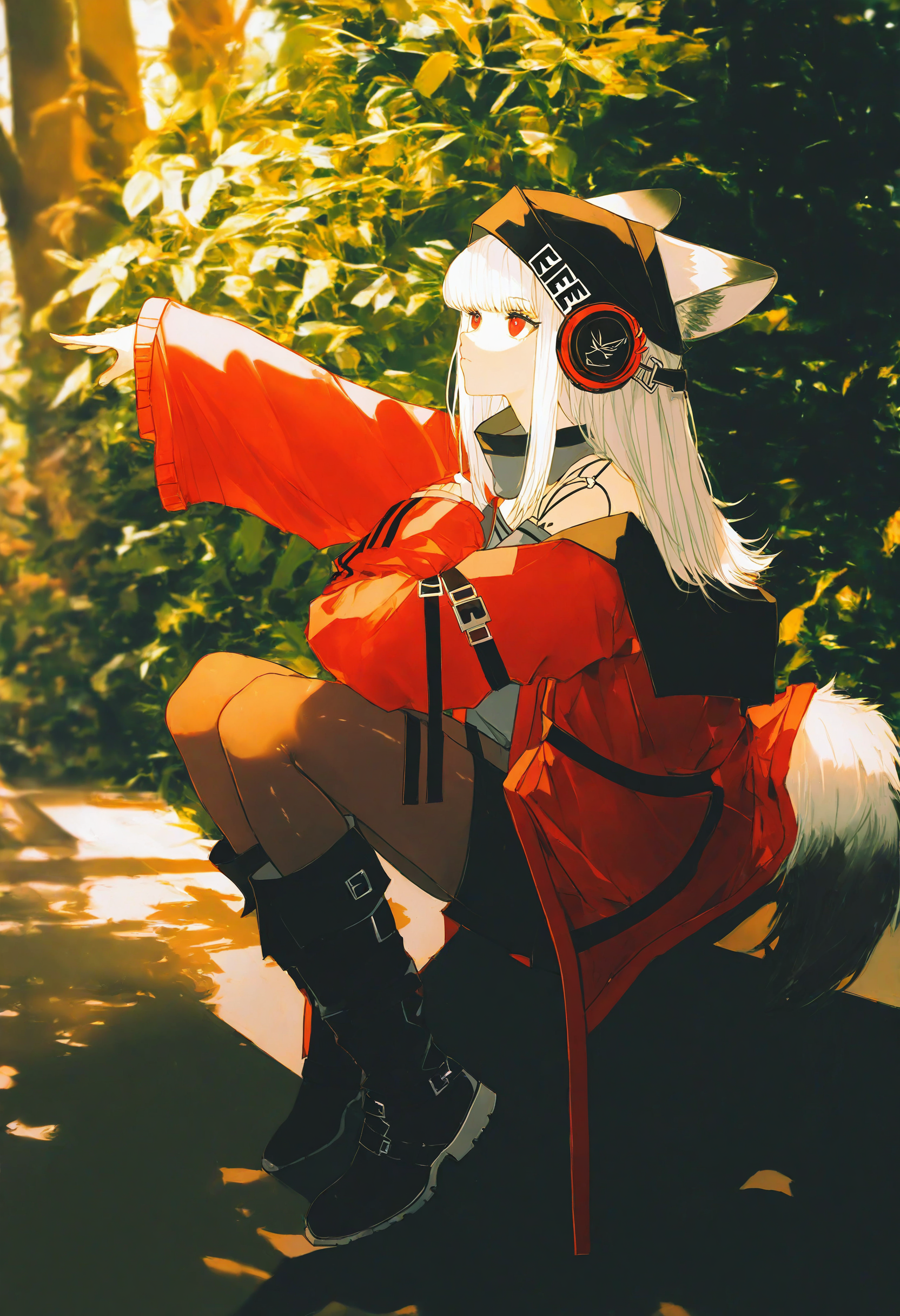 1girl, frostleaf \(arknights\), arknights, 
john kafka, yogisya, z3zz4, dino \(dinoartforame\), ichika \(ichika87\), 
animal ears, arm up, black footwear, boots, brown pantyhose, full body, headphones, jacket, knee boots, leaf, looking up, outstretched arm, pantyhose, plant, red eyes, red jacket, sitting, sleeves past wrists, solo, tail, tree, white hair
sunlight, colorful, (best shadow:1.2100000000000002), golden hour lighting, (Depth of field:1.2100000000000002), beautiful detailed glow, fox ears, beanie, looking away, black headwear, fox tail, closed mouth, hat, very awaits \(style\), long sleeves,
masterpiece, best quality, newest, highres, absurdres