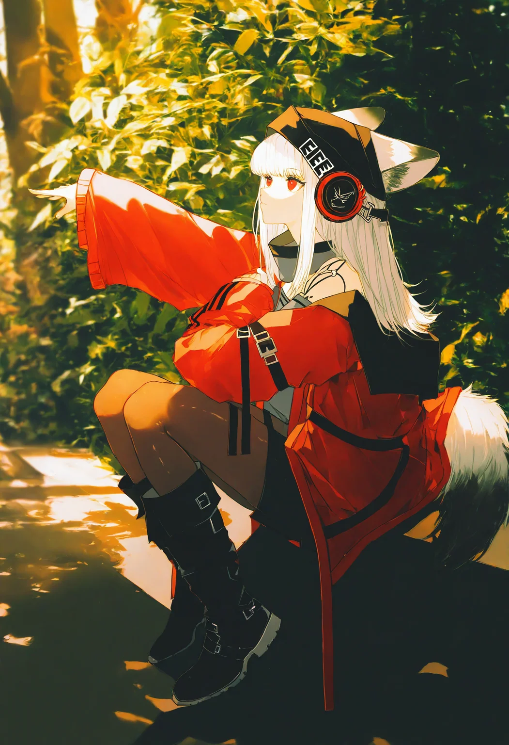 1girl, frostleaf \(arknights\), arknights, 
john kafka, yogisya, z3zz4, dino \(dinoartforame\), ichika \(ichika87\), 
animal ears, arm up, black footwear, boots, brown pantyhose, full body, headphones, jacket, knee boots, leaf, looking up, outstretched arm, pantyhose, plant, red eyes, red jacket, sitting, sleeves past wrists, solo, tail, tree, white hair
sunlight, colorful, (best shadow:1.2100000000000002), golden hour lighting, (Depth of field:1.2100000000000002), beautiful detailed glow, fox ears, beanie, looking away, black headwear, fox tail, closed mouth, hat, very awaits \(style\), long sleeves,
masterpiece, best quality, newest, highres, absurdres