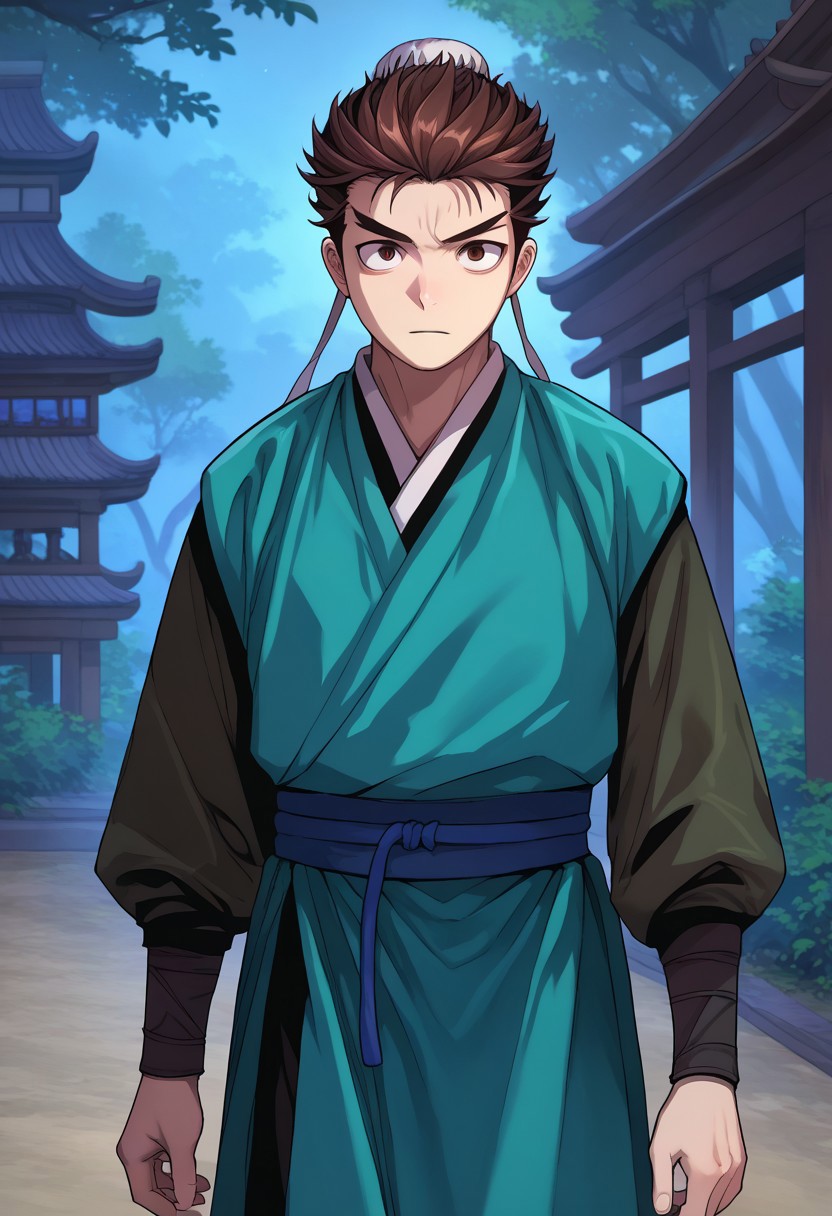 score_9, score_7_up, source_anime, 
mokyoo, 1boy, male focus, brown eyes, brown hair, hair bun, single hair bun, bun cover, chinese clothes, hanfu, robe, green robe, shirt, brown shirt, long sleeves,
outdoor, nature, japan,