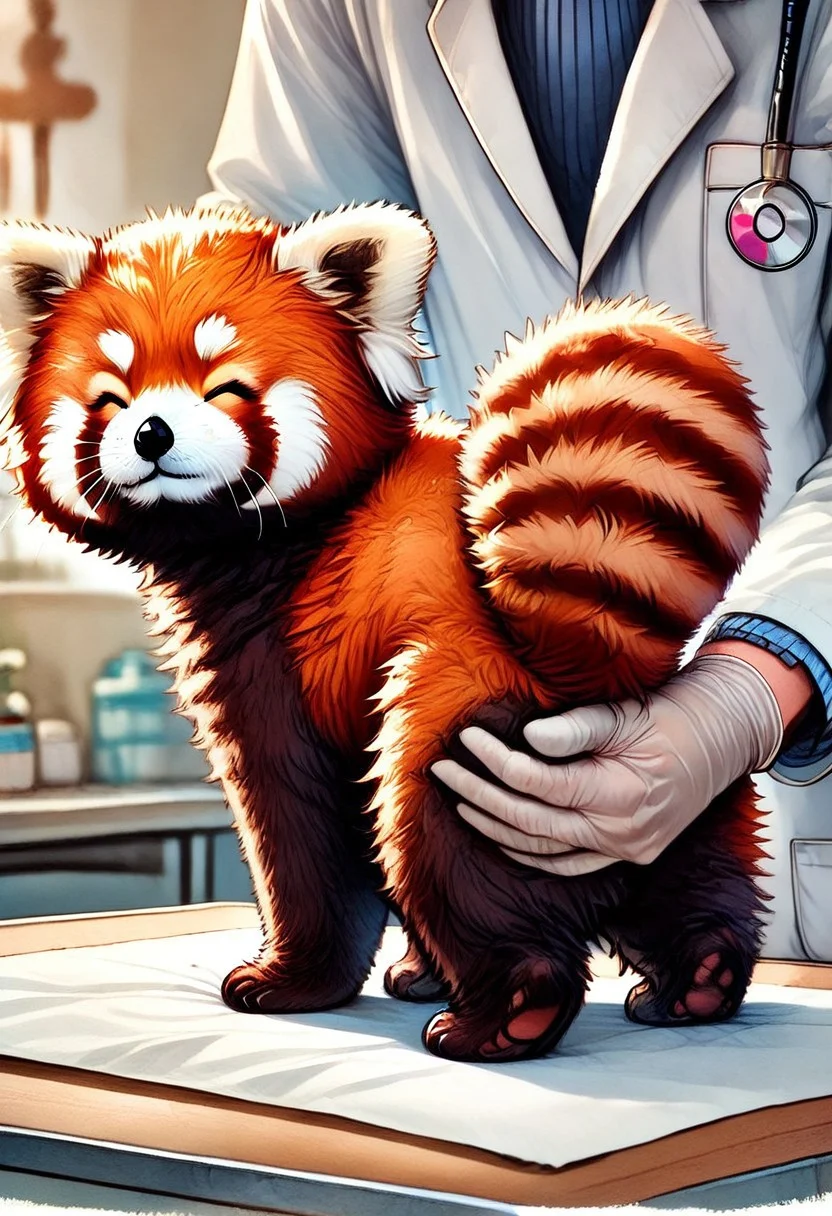 fl00ffymadn3ss, score_9, score_8_up, score_7_up, masterpiece, best quality, absurdres, vibrant, highly detailed, vetcheck, human, veterinarian, lab coat, rubber gloves, inspection, hands, holding animal, animal focus, 1boy, inspection table, red panda, animal, baby red panda, eyes closed, mouth closed, happy, ^^, :3, very fluffy