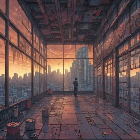photorealistic, sleep potion drink with smoke minimalism, sun in the background, professional, In the midst of a darkened room, maximalist. background, (isolated humans) look over tall building windows, in the style of dark hues, rural china