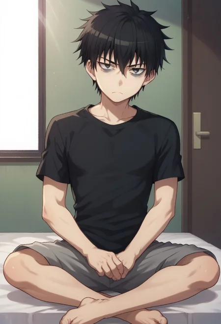 score_9, score_8_up, score_7_up, source_anime, highly detailed, 
tomoki, 1boy, male focus, solo, black hair, upper body, black eyes, bags under eyes, looking at viewer, shirt, black shirt, shorts, grey shorts, barefoot, sit,