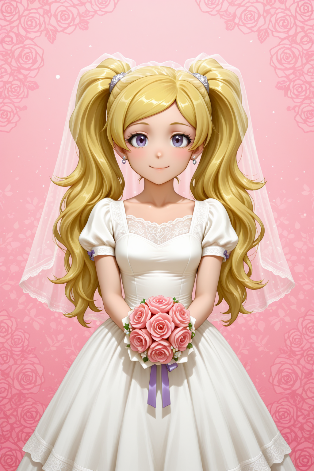 masterpiece, best quality, amazing quality, 1girl, solo, makeup, perspective, general, looking at viewer, cowboy shot, anime screencap, floral background, hair ornament, jewelry, smile, pink background, dynamic angle, <lora:Emily_Stewart_Million:1>, Emily_Stewart_Million, blonde hair, long hair, twintails, purple eyes, breasts, parted bangs, white dress, wedding dress, wedding veil, veil, bridal veil, frilled dress, holding bouquet, <lora:wai-2Rectified-V140:1>, <lora:illustrious_noobai_epsilon_pred_1_masterpieces_v1:1>