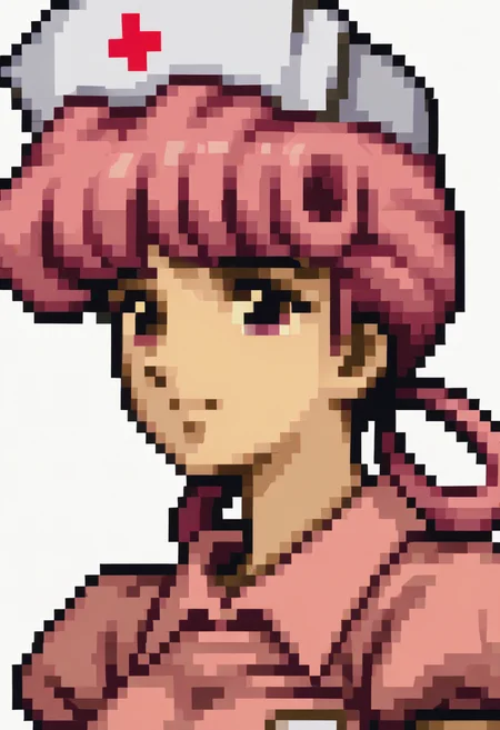 score_9, score_8_up, score_7_up, source_anime, 1girl, solo,
<lora:zs_FE4PortraitsXL:1> fe4portraits, portrait, pixel art, white background
<lora:Hoseki_Pokemon_NurseJoy_PDXL_v1:0.8> njpk, medium breasts, pink hair, hair rings, bangs, nurse cap, pink collared dress, puffy short sleeves