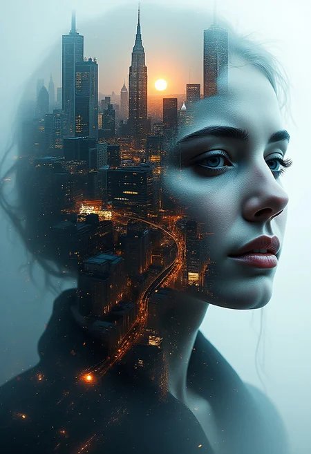 Beauty, realism, cinematography, chiaroscuro, rays of light, play of shadow and light, cinematic quality, Cinematic style.
a double exposure image that combines a cityscape with a close-up of a person's face, creating a dramatic and artistic effect where the two elements merge seamlessly, The image captures the haunting beauty of a cityscape merging with the detailed features of a person's face,