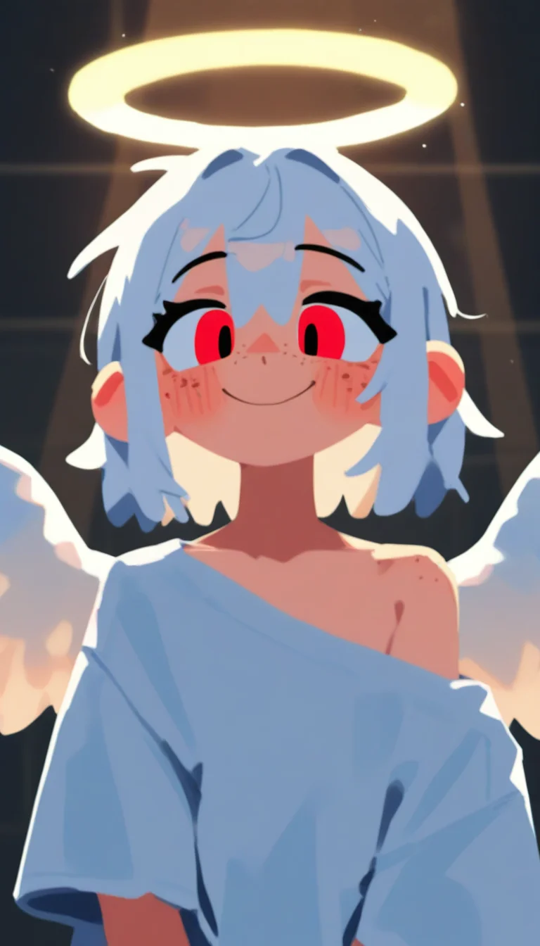 <lora:AshFondue_Illustrious_v8:0.8>, no lineart, <lora:AshMilkshake_Illustrious_v1:0.0>
1girl, oversized shirt, angel, wings, white hair, red eyes, blush, smiling, portrait, halo, bare shoulder, petite, medium hair, freckles, detailed lighting, sunbeam, volumetric lighting,
BREAK masterpiece, best quality, detailed background,