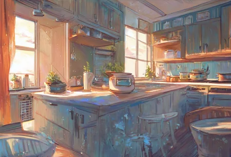 score_9, score_8_up, score_7_up, pmg style, kitchen, sunrise, stove, countertops, window, curtains