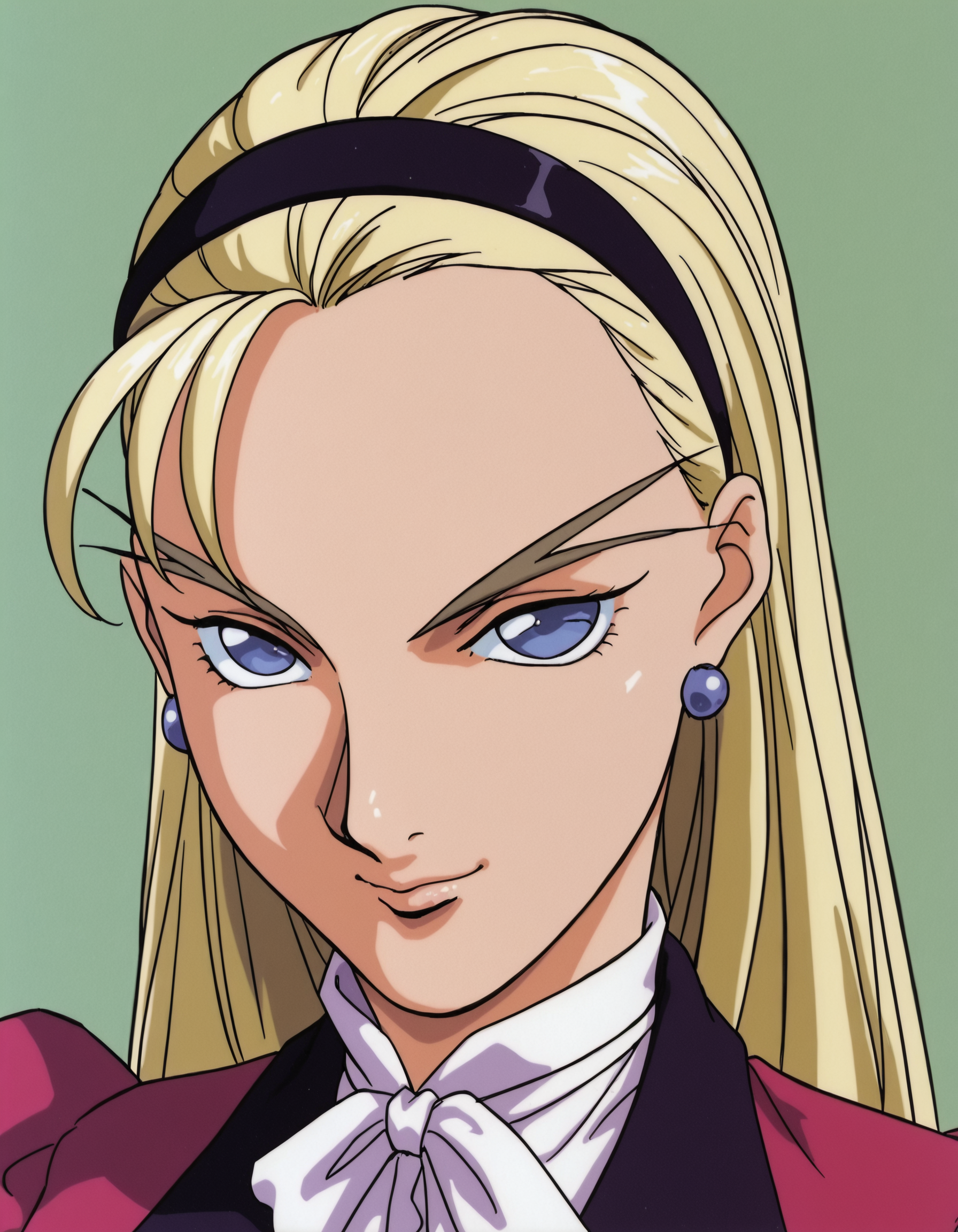 <lora:DorothyCataloniaIllustrious1.0JLFO:1> dorothycatalonia, 1girl, blonde hair, retro artstyle, 1990s, long hair, solo, hairband, earrings, jewelry, blue eyes, school uniform,upper body, portrait,   smile, long sleeves, looking at viewer,simple background,