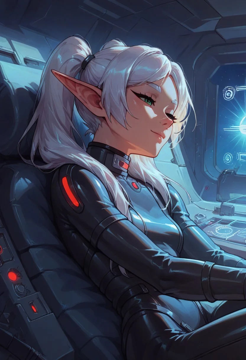 score_9, score_8_up, score_7_up, score_6_up, perfect face, perfect eyes,,4ng3l face , 1girl, solo,
nereirfpnxl,frieren, elf, white hair, green eyes, twintails, , white tight plugsuit, latex, resting, relaxing, sleeping, eyes closed, light smile,
gundamwingcockpit, futuristic, scifi, controls, joystick, holographic interface, technology, glowing, neon, spaceship, stars,