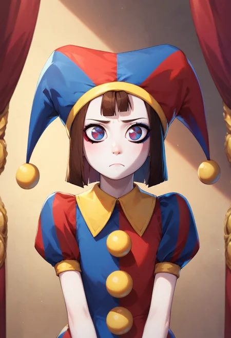 masterpiece,best quality, highly detailed, score_9, score_8_up, score_7_up, score_6_up,<lora:xl_more_art-full_v1:0.8>,
BREAK
<lora:pomniXL:0.8>pomni,1girl, solo, jester cap, hat, looking at viewer, closed mouth, puffy sleeves, short sleeves,brown hair, puffy short sleeves, upper body, short hair, blue eyes, bangs, frown,circus