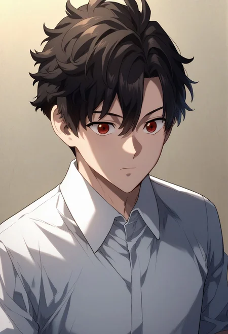 score_9, score_8_up, score_7_up, source_anime, highly detailed,
vikir, 1boy, male focus, solo, black hair, short hair, hair between eyes, red eyes, shirt, white shirt, collared shirt,
indoor,