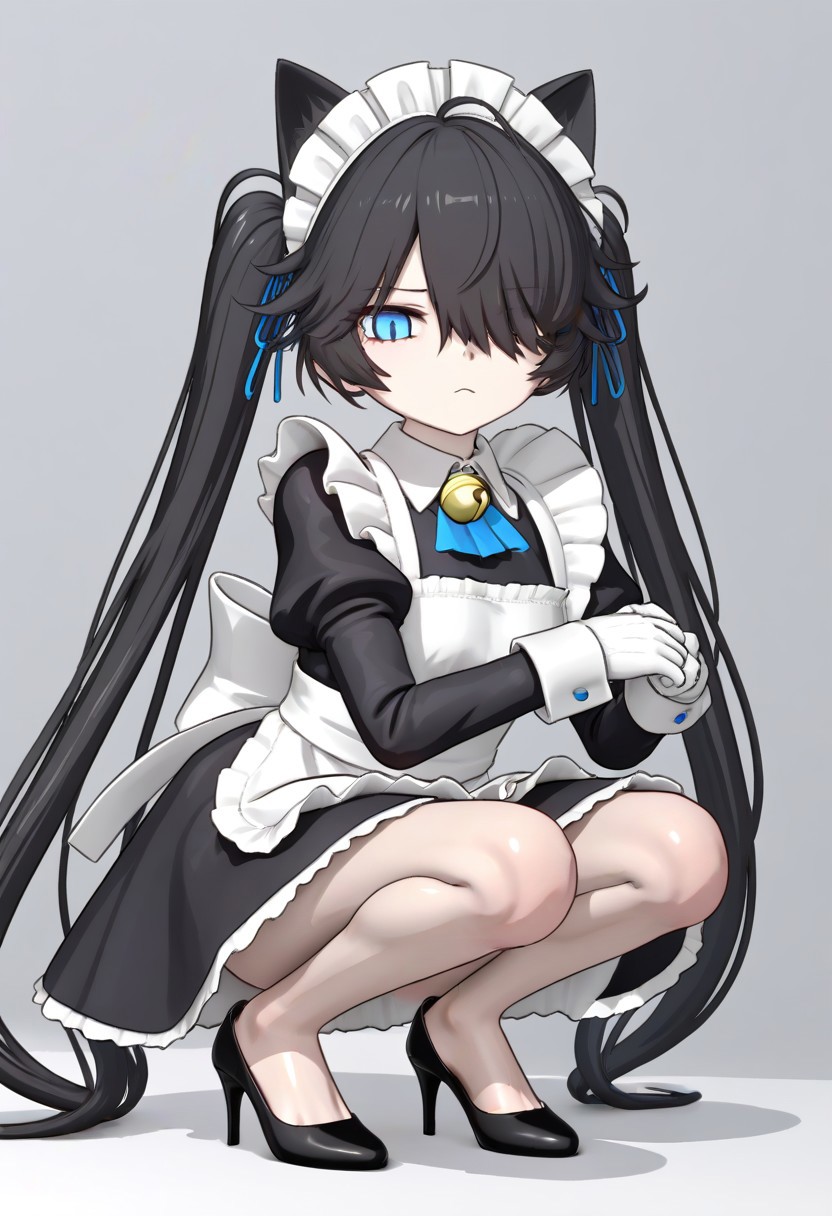 (3D),(((MMD))),(Maid-kasli), solo, white gloves, dress, hair over one eye, maid apron, blue eyes, twintails, cat ears, maid headdress, maid, gloves, 1girl, apron, juliet sleeves, long sleeves, long hair, black hair, animal ears, bell,(Fall down),(squatting down, heels touching each other, legs fully extended outward)