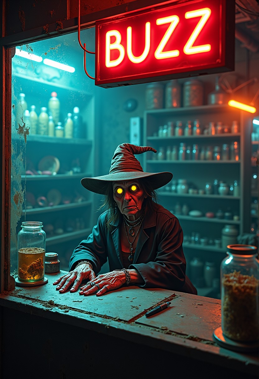 A crooked, old witch runs a seedy pawnshop in a dystopian cyberpunk city. She sits behind a reinforced glass window in her dingy but high-tech shop called "BUZZ Lombard Express", with a flickering neon sign hanging over the counter. Her appearance is eerie yet comical—gnarled fingers covered in glinting rings tap on the counter impatiently as she eyes her customers with a sly, calculating look, like she's always trying to swindle them out of something valuable. Her face is a mix of deep wrinkles, metallic implants, and glowing cybernetic eyes that move independently.
The small space around her is cluttered with eerie details. Shelves are lined with jars filled with preserved organs—floating eyes, hearts, livers, and more, all suspended in some neon, glowing liquid. The jars bubble quietly, adding to the unsettling vibe of the pawnshop. The counter is grimy, with fingerprints smeared across the glass and a faint smell of antiseptic in the air, contrasting with the advanced technology humming in the background.
Outside the shop's window, the dim, rain-soaked streets of the futuristic city glisten with the reflections of neon lights, casting eerie, distorted shadows on the walls. The witch gazes out with a greedy, sideways glance, ready to accept anything from mechanical limbs to exotic, cyber-enhanced organs from her desperate clients. Her shop is filled with mysterious, futuristic trinkets, and she leans forward, almost too eager to make a deal
