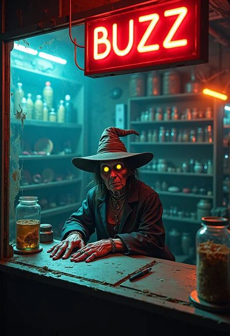A crooked, old witch runs a seedy pawnshop in a dystopian cyberpunk city. She sits behind a reinforced glass window in her dingy but high-tech shop called "BUZZ Lombard Express", with a flickering neon sign hanging over the counter. Her appearance is eerie yet comical—gnarled fingers covered in glinting rings tap on the counter impatiently as she eyes her customers with a sly, calculating look, like she's always trying to swindle them out of something valuable. Her face is a mix of deep wrinkles, metallic implants, and glowing cybernetic eyes that move independently.
The small space around her is cluttered with eerie details. Shelves are lined with jars filled with preserved organs—floating eyes, hearts, livers, and more, all suspended in some neon, glowing liquid. The jars bubble quietly, adding to the unsettling vibe of the pawnshop. The counter is grimy, with fingerprints smeared across the glass and a faint smell of antiseptic in the air, contrasting with the advanced technology humming in the background.
Outside the shop's window, the dim, rain-soaked streets of the futuristic city glisten with the reflections of neon lights, casting eerie, distorted shadows on the walls. The witch gazes out with a greedy, sideways glance, ready to accept anything from mechanical limbs to exotic, cyber-enhanced organs from her desperate clients. Her shop is filled with mysterious, futuristic trinkets, and she leans forward, almost too eager to make a deal