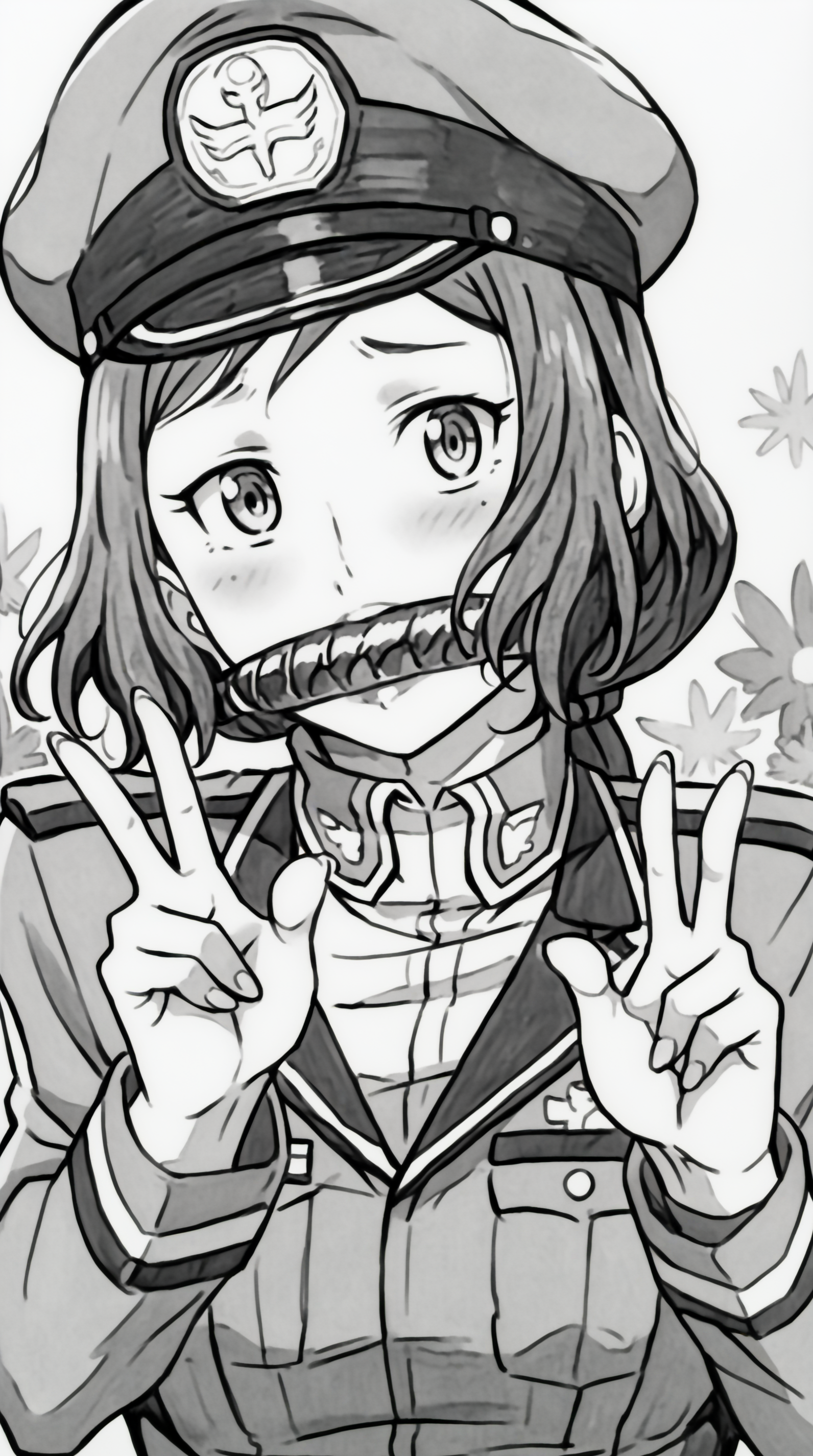 score_9, score_8_up, score_7_up, monochrome, manga_source, best background, detailed background, manga, greyscale, monochrome  Iori Rinko, Amano Ameno, solo, hat, uniform, military, military uniform, gagged, naval uniform, v fingers, victory pose, blush, horny,  <lora:JN_Iori_Rinko_Amano_Ameno_Pony:0.8>