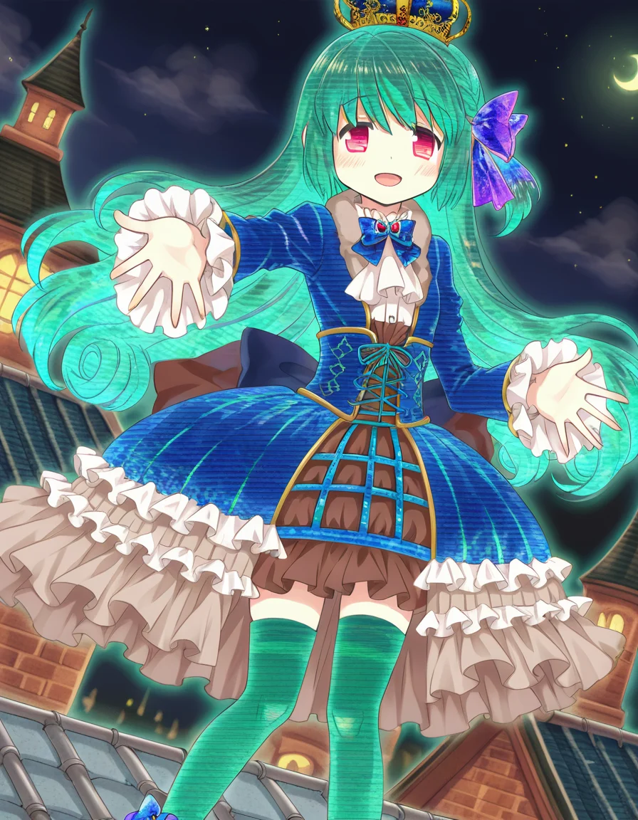 satomi touka, alternate color, alternate hair color, alternate eyes, alternate costume color, alternate thighhighs color, blue costume, green hair, green thighhighs, arched crown, smile, open mouth, solo, beckoning, rooftop, night, dutch angle, <lora:20241029224843_satomi_touka_animagine-xl-3.1:0.7>