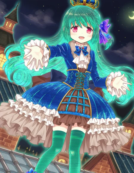 satomi touka, alternate color, alternate hair color, alternate eyes, alternate costume color, alternate thighhighs color, blue costume, green hair, green thighhighs, arched crown, smile, open mouth, solo, beckoning, rooftop, night, dutch angle, <lora:20241029224843_satomi_touka_animagine-xl-3.1:0.7>