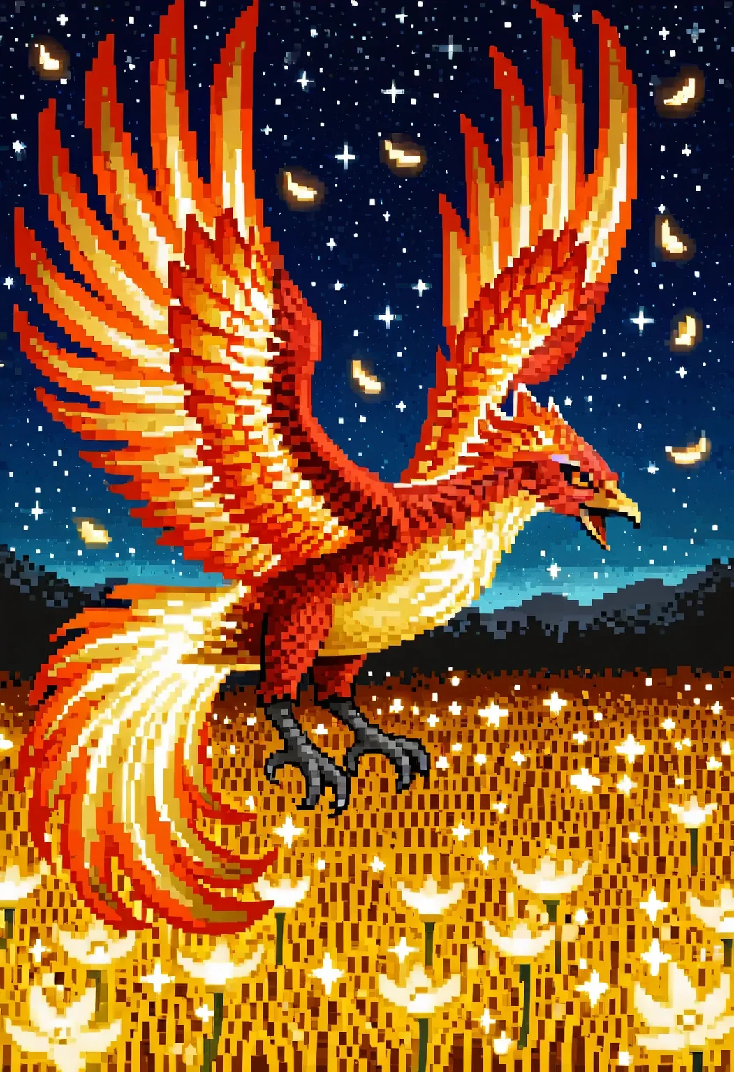 heroes2, (pixel art:1.2), phoenix, avian, wings, red feathers, black eyes, yellow sclera, mouth open, full body, wings up, bird, solo, feral, night, field, sparkles, stars, glowing flowers, in air, flying, flowers in air, whirlwind, falling flowers, petals,
, <lora:HoMM_v8NoobBs975:0.8>,