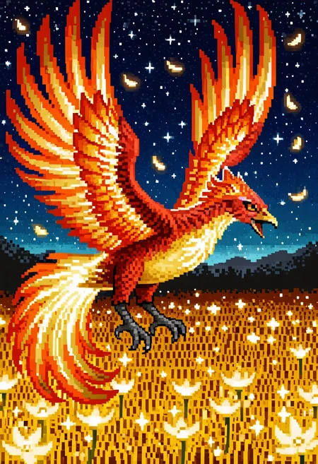 heroes2, (pixel art:1.2), phoenix, avian, wings, red feathers, black eyes, yellow sclera, mouth open, full body, wings up, bird, solo, feral, night, field, sparkles, stars, glowing flowers, in air, flying, flowers in air, whirlwind, falling flowers, petals,
, <lora:HoMM_v8NoobBs975:0.8>,
