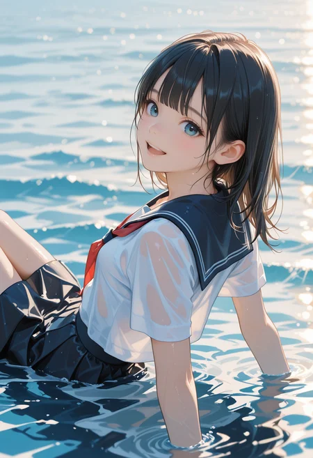 extremely detailed face, detailed eyes, detailed eyelashes, ((1girl, solo)), (petite body), mature female, slender, blush, medium breasts, small breasts, black hair, long hair, blunt hair, blunt cut, smile, parted lips, looking at viewer, upper teeth only,
wd_clh, water, partially submerged, sailor collar, white shirt, neckerchief, afloat, black skirt, wet clothes, wet hair, on back, sitting, sitting with knees up, wet, swimming, outstretched arms, parted lips, upper body, clear water, thigh, arms support,
sunlight, spread arms, ocean, caustics, short sleeves, outdoors, from back, looking back, reflection, day, (see-through silhouette:1.2), tongue, 
masterpiece, best quality, highres, absurdres, 8k, extremely detailed, aesthetic, very aesthetic, perfect anatomy, highly finished, newest,
