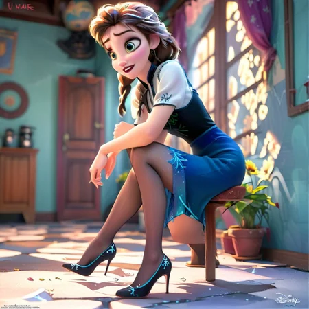 femme 40 ans, cheveux brun, cheveveux courts carrs , yeux bleus, solo, taille fine, jambes fines, type asiatique, disney, anim, frozen, pumps, hight heels 15 cm, collants noirs, mini-jupe noire, blouse blanche, blouse dans la jupe, marche,