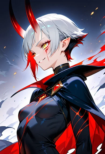 (masterpiece), best quality, 1girl, half face painted in black, gradient red and yellow eyes, gradient color on eyes, gradient colored horns, red and yellow horns, very short hair, half face corrupted, red eyelashes, long eyelashes, smirk, evil, pointy hair, small breast, asymmetric clothes, one sided coat, one sided cape, athletic, upper body view, side view,