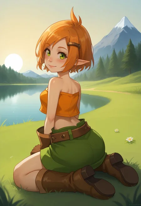 score_9, score_8_up, score_7_up, source_anime, 1girl, cradef, small breasts, green eyes, orange hair, short hair, pointy ears, hairclip, hair ornament, bare shoulders, orange crop top, midriff, navel, brown gloves, belt, green skirt, boots, brown footwear, tall female, wariza, kneeling, closed mouth, smile, blush, looking at viewer, outdoors, grass, nature, lake, mountain in the background, sun, from behind, back, looking back, <lora:Cra_v1-000010:1>