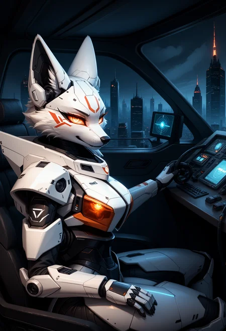 score_9, score_8_up, score_7_up, score_6_up, score_5_up, FurFemX, (1 fox women:1.2), furry, white fur, side view, sitting inside a giant mecha cockpit, gripping futuristic control levers, glowing HUD interface reflecting on eyes, armored pilot suit, determined intense expression, cityscape burning in background, tension-filled atmosphere, flickering warning screens, sleek cybernetic enhancements, dramatic lighting, feeling of immense power, sci-fi realism, anime-style composition