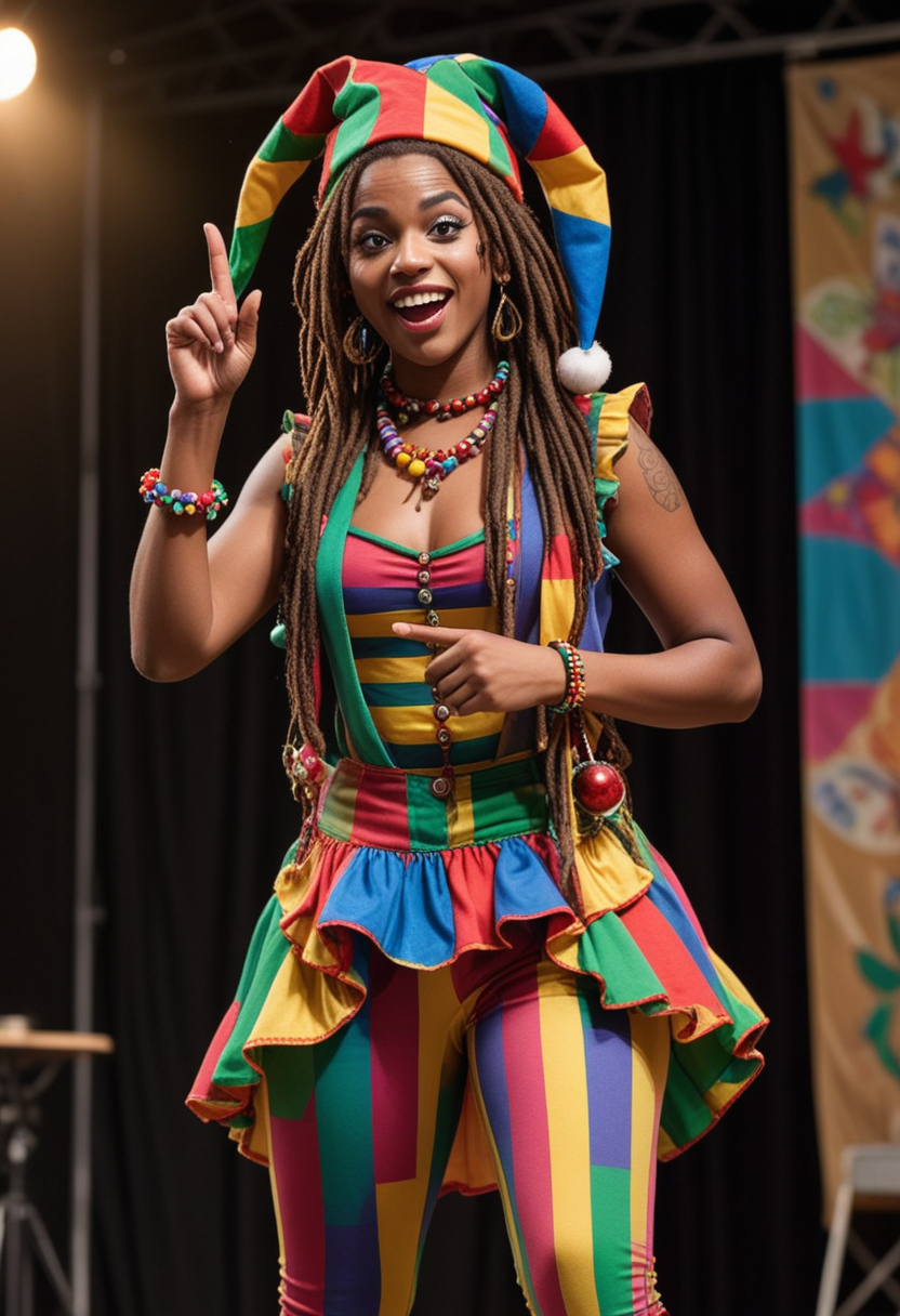 (medium full shot) of man, (colorful jester) young woman, african, dark skin, black eyes, slim build, short hazel dreadlocks hair, wearing a jester hat with bells, striped top with jingle bells, patchwork leggings, jester shoes , colorful scarf, set in  Performance Stage, outdoor stage with colorful decorations, large audience area, spotlights, sound equipment, decorative banners, at night, woman surprised, open mouth, pointing her finger at the viewer, Masterpiece,best quality, photo, realistic, very aesthetic, detailed face,