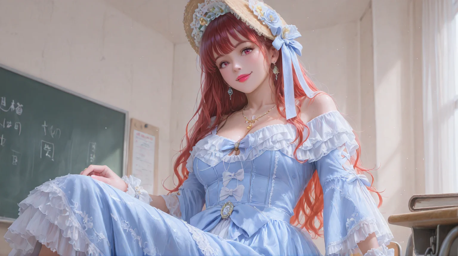 (masterpiece, best quality,realistic,from below,sitting:1.3),absurdres,(looking at viewer,  collarbone,),(shiny_eyes,sparkling_eyes,smile:1.2),
1girl,solo,red hair,red eyes,very long hair,whdbd,blue dress,white dress,jewelry,necklace,bonnet,long sleeves,bow,lace trim,lace,frills,lipstick,
cleavage,medium breasts,bouncing breasts,classroom,<lora:aidmaImageUpgrader-v0.3-IL:0.6>,<lora:whdbd(IL):0.8>,