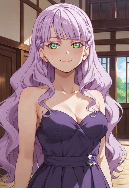 score_9, score_8_up, score_7_up, score_6_up, uncensored, BREAK, best quality, masterpiece, uncensored, detailed background, indoors, outdoors, wien, light purple hair, long hair, green eyes, wavy hair, blunt bangs, braid, medium breasts, elegant long purple dress, blush, gentle smile, close up