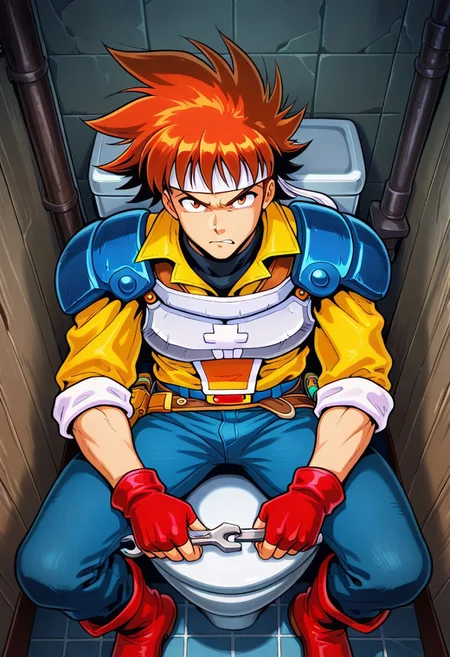 masterpiece, best quality, amazing quality, ARTHIL, 1boy, male focus, brown-orange hair, long white headband, blue shoulder pads, white breastplate, yellow shirt, sleeves rolled up, blue jeans, holster belt, red fingerless gloves, red boots, FMIXF, vibrant details, sitting on toilet, holding wrench, screws, bolts, nails, view from above, angry, scowl