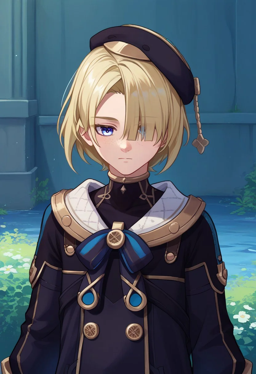 score_9, score_7_up, source_anime
freminet, 1boy, male focus, solo, purple eyes, blue eyes, blonde hair, hair over one eye, freckles, hat, beret, black headwear, diving suit, jacket, blue jacket, long sleeves, buttons, bow, blue bow,
outdoor, upper body,