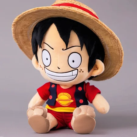 <lora:stuffed-toy_XL:1>,stuffed-toy, 1boy, monkey d. luffy, solo, male focus, straw hat with red edge, black hair, sandals, shorts, open mouth, smile, simple background, scar, black eyes,red background