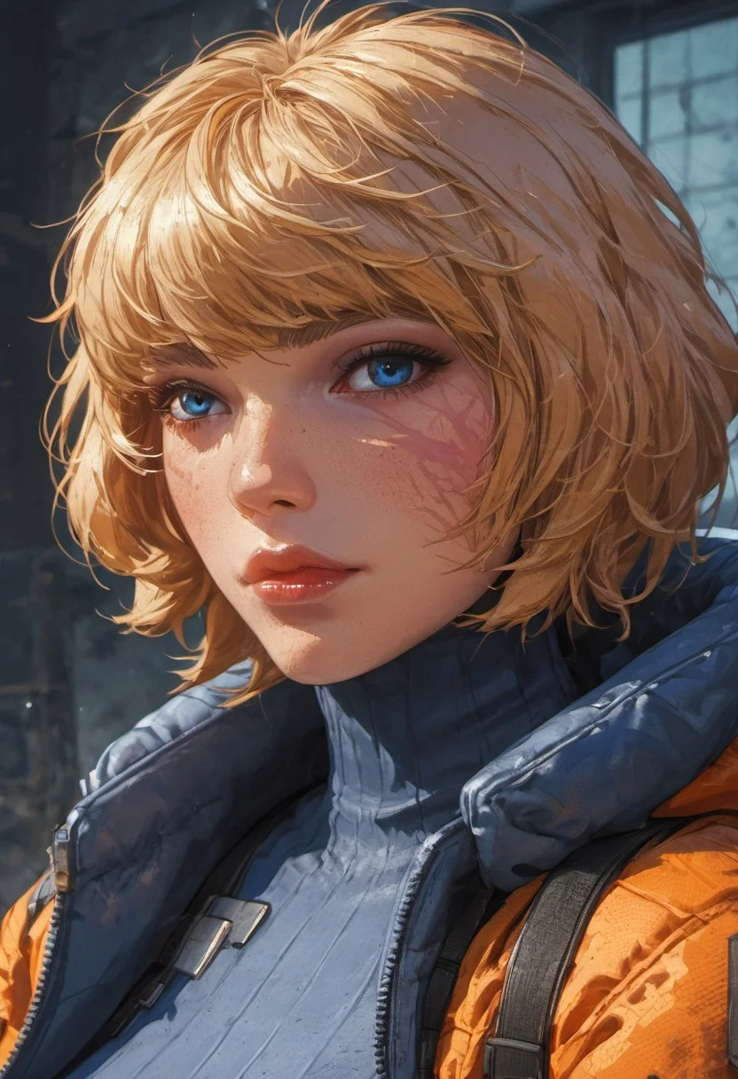 ((zPDXL3)), (score_9), score_8_up, score_8, perfecteyes, ultra detailed, high resolution, high quality, masterpiece, intricate details, intricate body, intricate landscape, knva, Expressiveh, European Instagram Model, low light, muddy wasteland, No Man's Land, trenches,
BREAK
1girl, solo, source_cartoon, mature female, wattson, blue eyes, scar on face, scar on left cheek, blonde hair, turtleneck, white Jumpsuit, orange jacket, zipper down, beautiful, full lips, looking at viewer, (closed mouth),