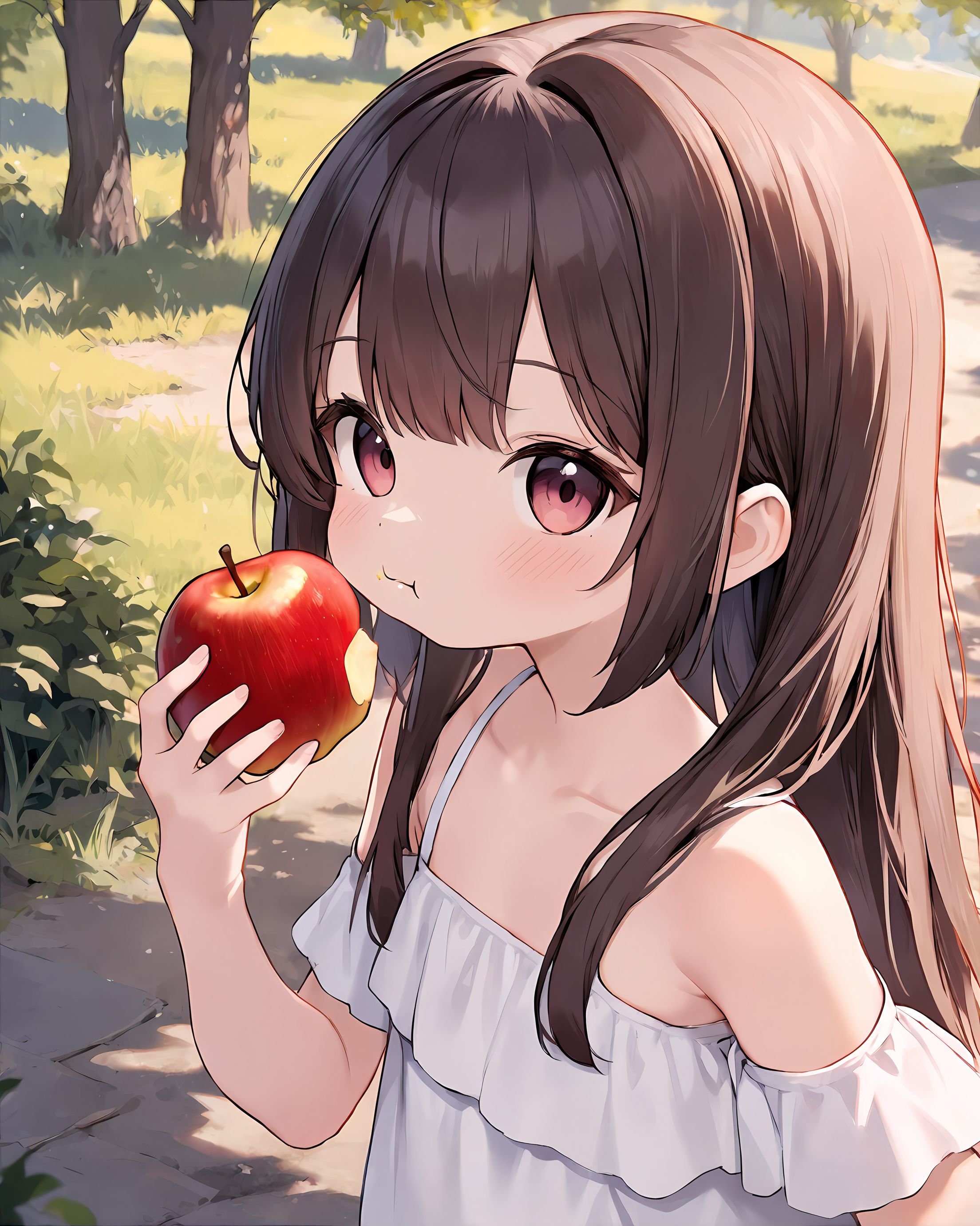 1girl, solo, young girl, eating apple, outdoors <lora:newhotaru_ill:1>