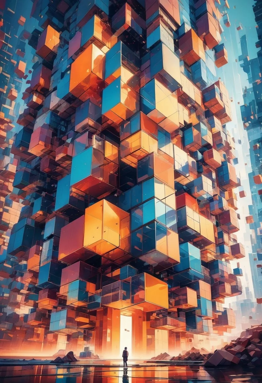 A futuristic building made of cubes fills the entire image. A small person floats in front of it, rich palette and deep, rich textures.