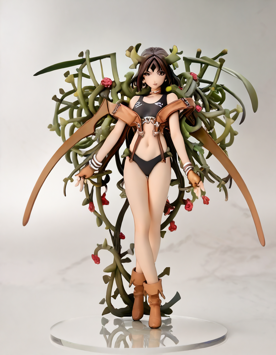 score_9, score_8_up, score_7_up, score_6_up, score_5_up, score_4_up, source_anime,  , Peorth, looking at viewer, smile, gloves, navel, jewelry, swimsuit, bikini, boots, parted lips, wings, midriff, fingerless gloves, high heels, bracelet, black bikini, plant, vines, thorns